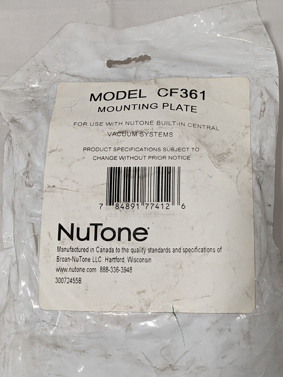 Nutone Built-In Central Vacuum Mounting Plate Part CF361