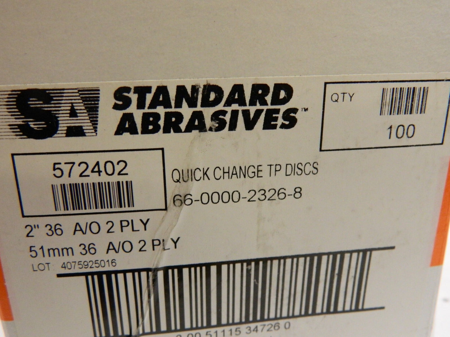 STANDARD ABRASIVES QTY 100 QUICK CHANGE TP 2 PLY DISC 572402 2" 36 GRIT 572