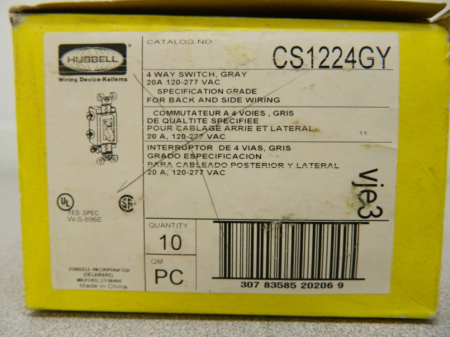 Hubbell 4-Way General Purpose AC Toggle Switch 120/277 VAC 20 A CS1224GY