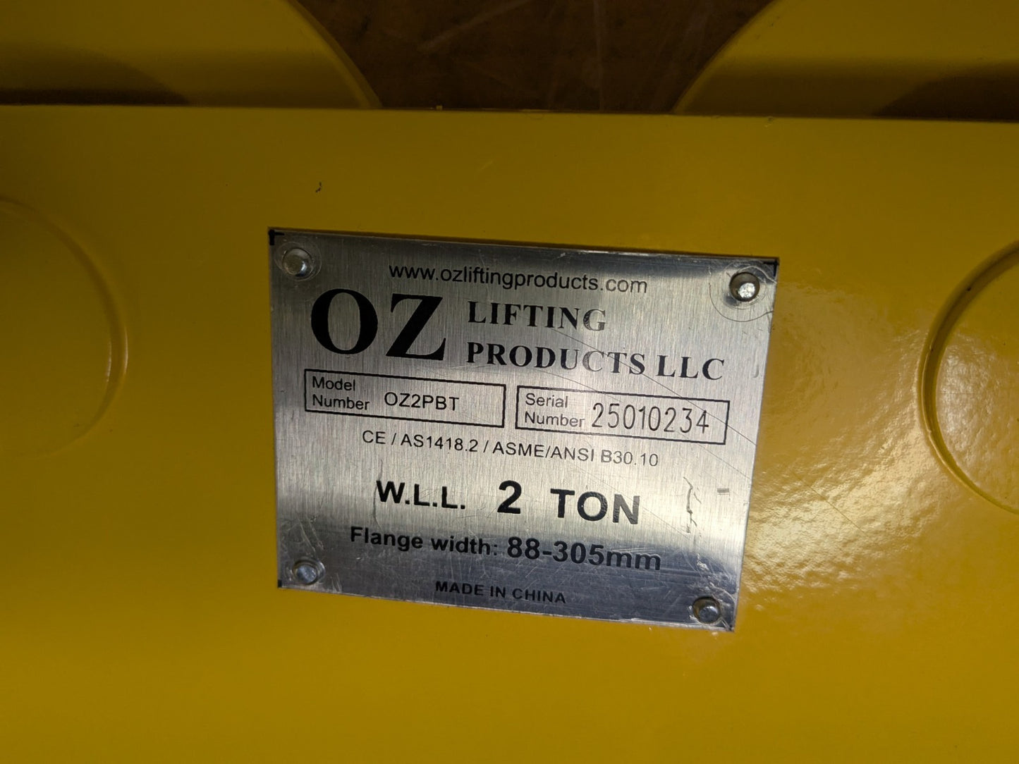 Oz Push Beam Trolley 2 Ton Capacity 12" Max. Flange Width OZ2PBT