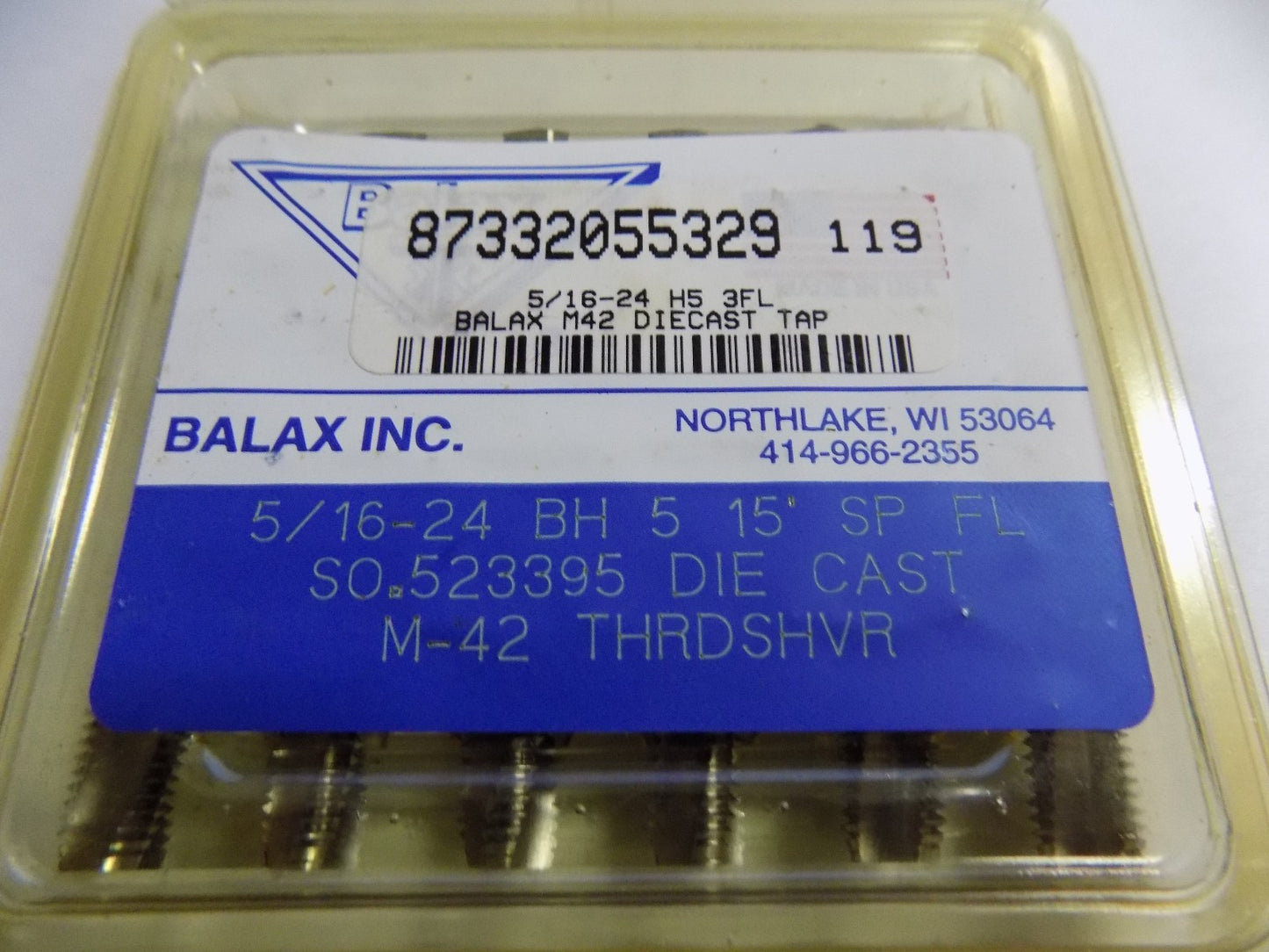 Balax 5/16" - 24 Bh 5 3 Flute M-42 Thread Shaver Taps, Qty. 6 523395