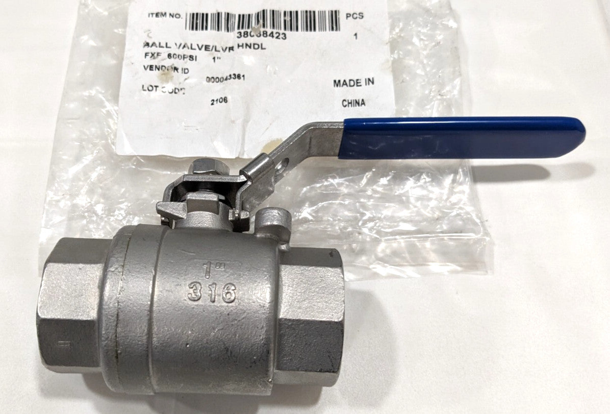 Manual Ball Valve 316 Stainless Steel 1" Pipe FNPT x FNPT 6Q218Q25