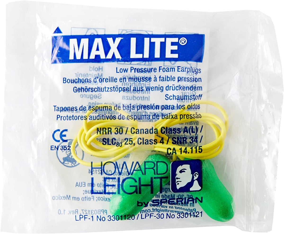 Howard Leight LPF30 Max Lite Corded Earplugs, Green, box of 100 Pairs