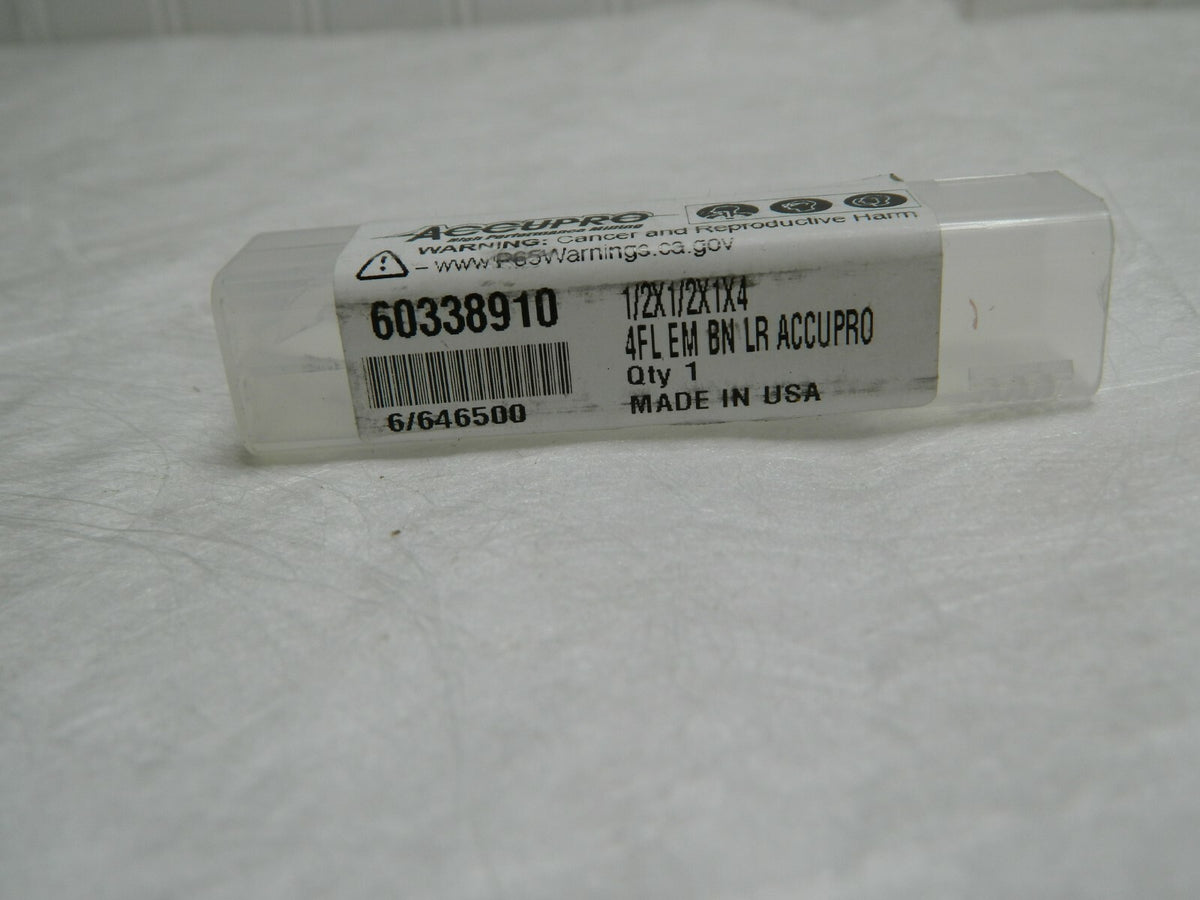 ACCUPRO 1/2 Diam, 1 LOC, 4 Flute Solid Carbide Ball End Mill 60338910