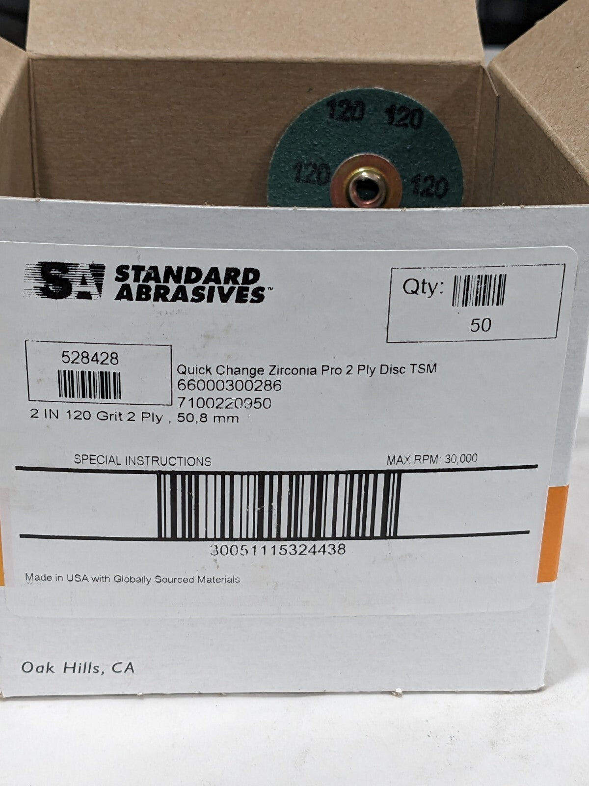 SA Quick-Change Disc: TSM, 2" Dia, 120G, Zirconia Alumina, Coated Qty 50 528428
