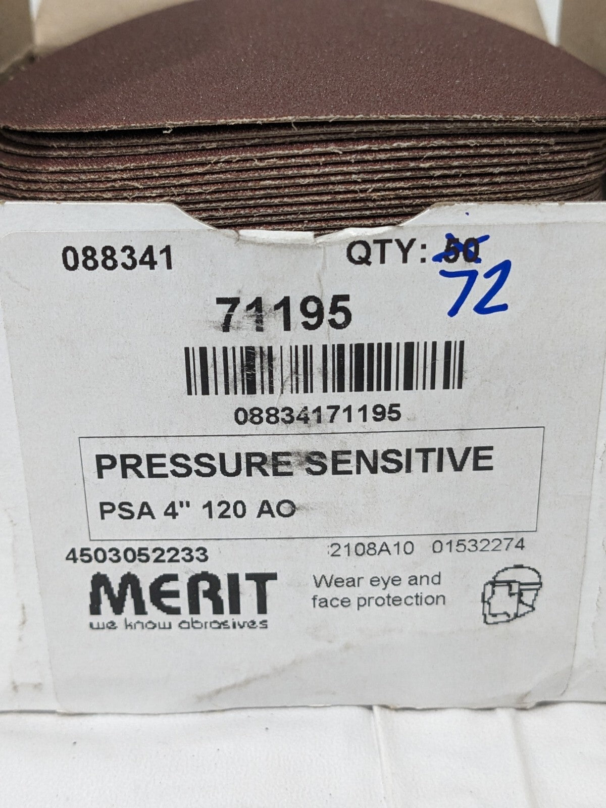 Merit PSA Disc: 4" Disc Dia, 120 Grit, Aluminum Oxide Qty 72 08834171195