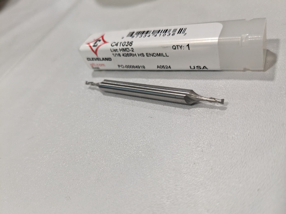 CLEVELAND Square End Mill: 1/16" Dia 2 Fl HSS C41036