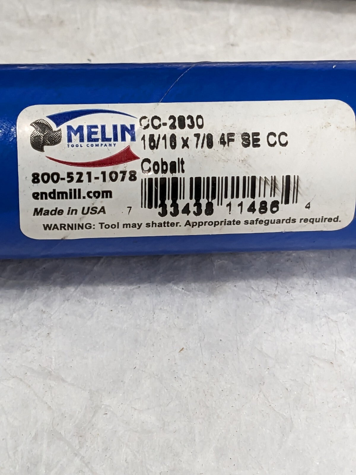 Melin Cobalt End Mill, 15/16" X 7/8", 4 FLUTE, CC-2830