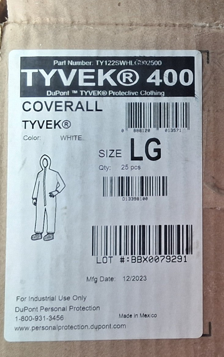 DuPont Tyvek 400 White Disposable Coveralls Hood Boots LG QTY 25 TY122SWHLG00250