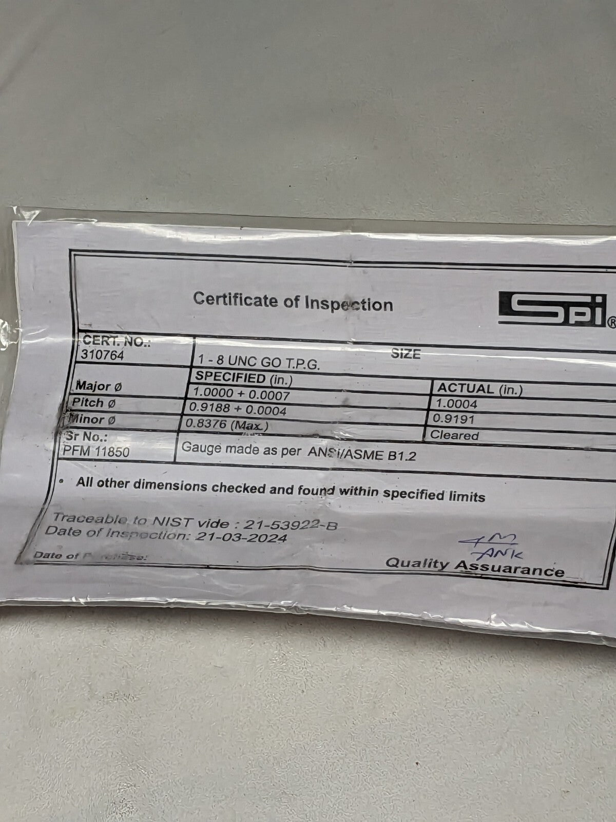 SPI Plug Thread Gage: #1-8 Thread, 3B Class, Go & No Go 34-430-9