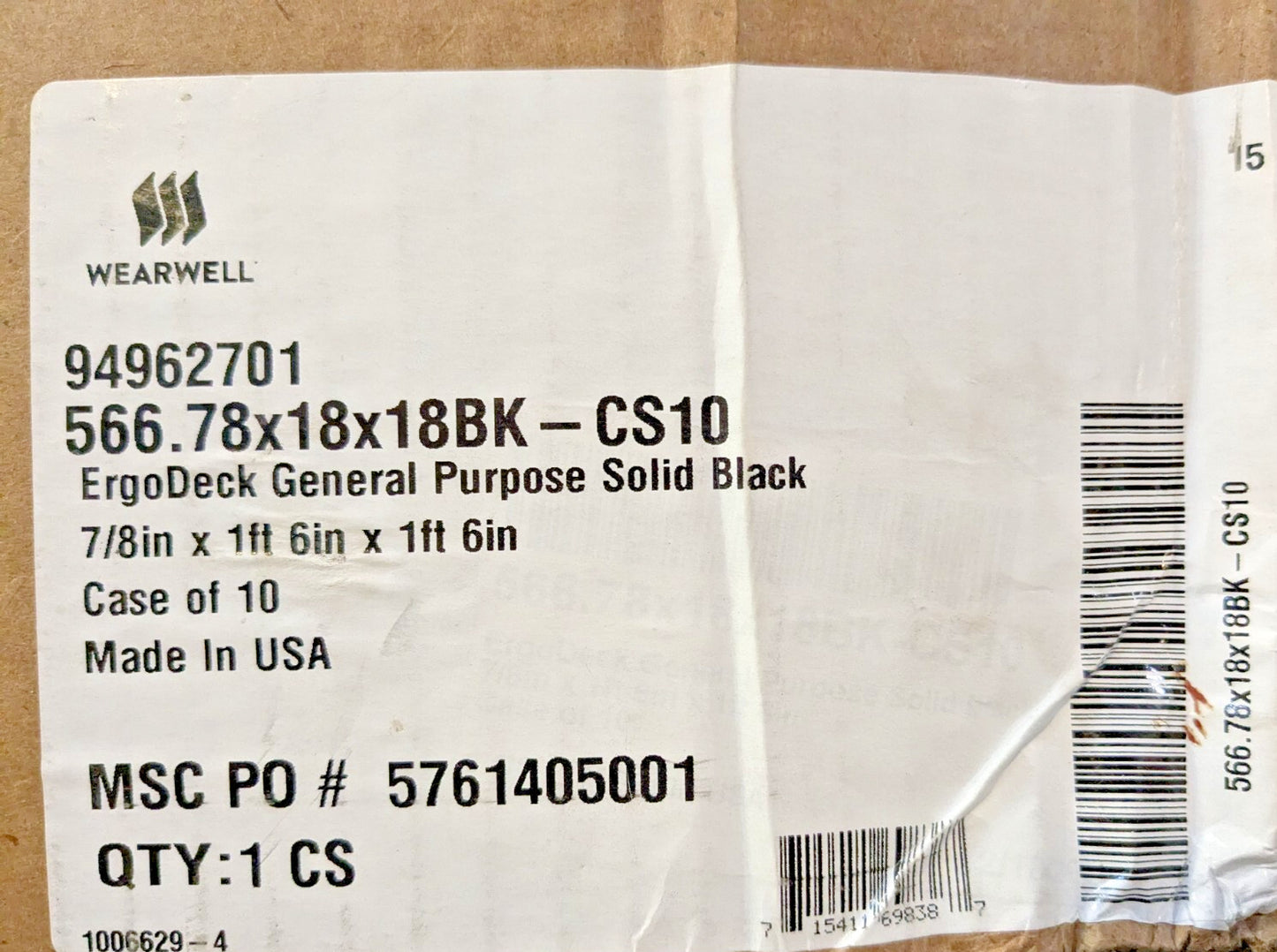CASE of 10 Wearwell ErgoDeck Modular Anti-Fatigue Mat Black 566.78x18x18BK-CS10