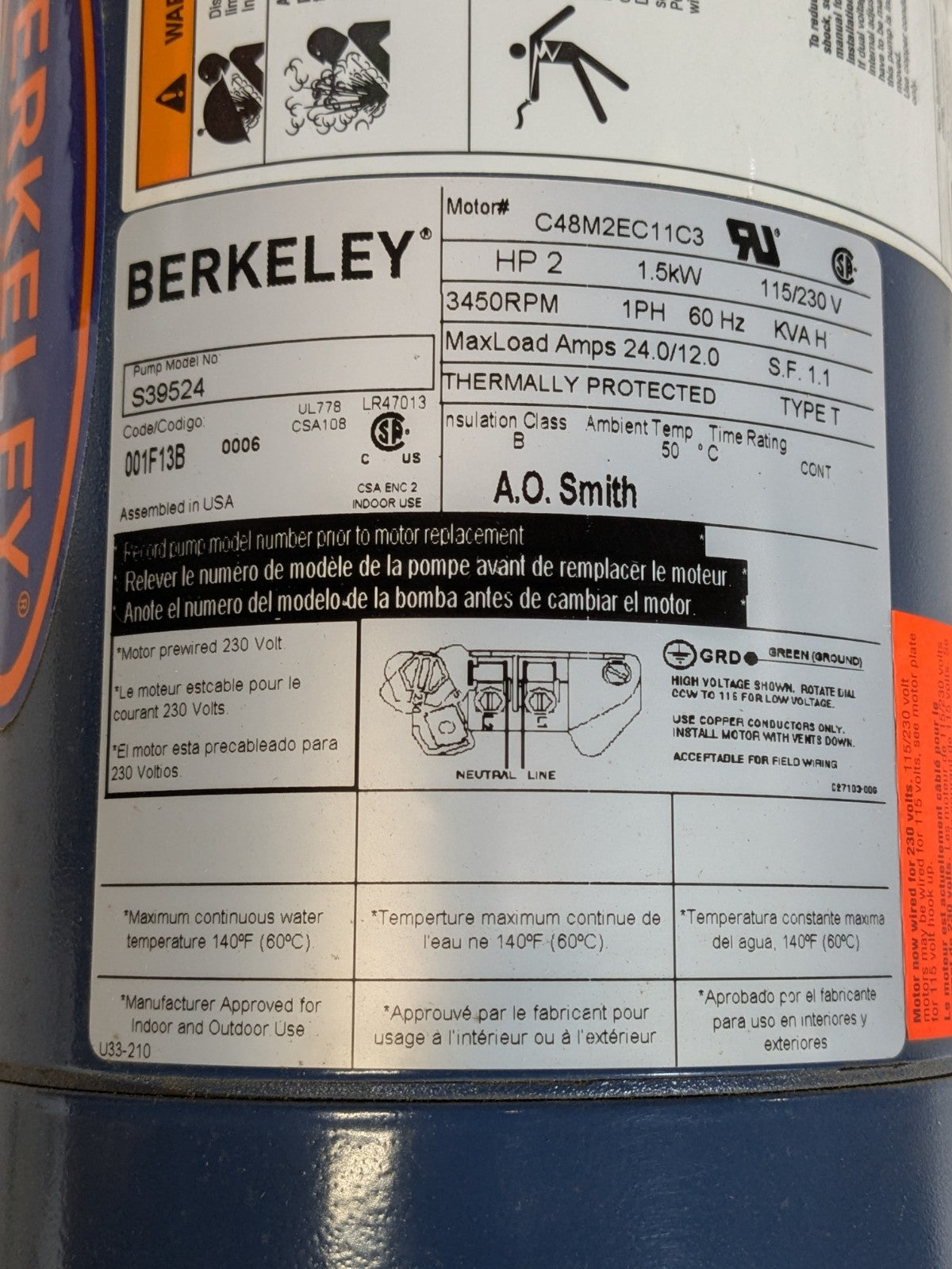 Berkeley High Head Straight Centrifugal Pump 2 HP 115/230v 1 Ph. S39524