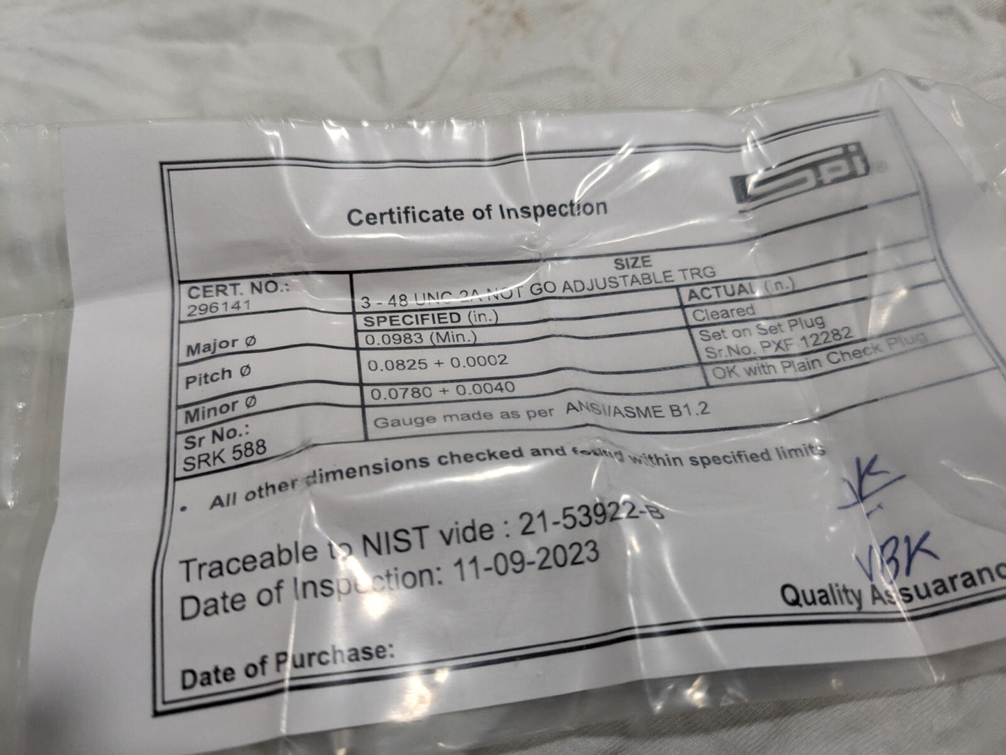 SPI Threaded Ring Gage: #3-48 Thread, Class 2A, no Go 23-123-3