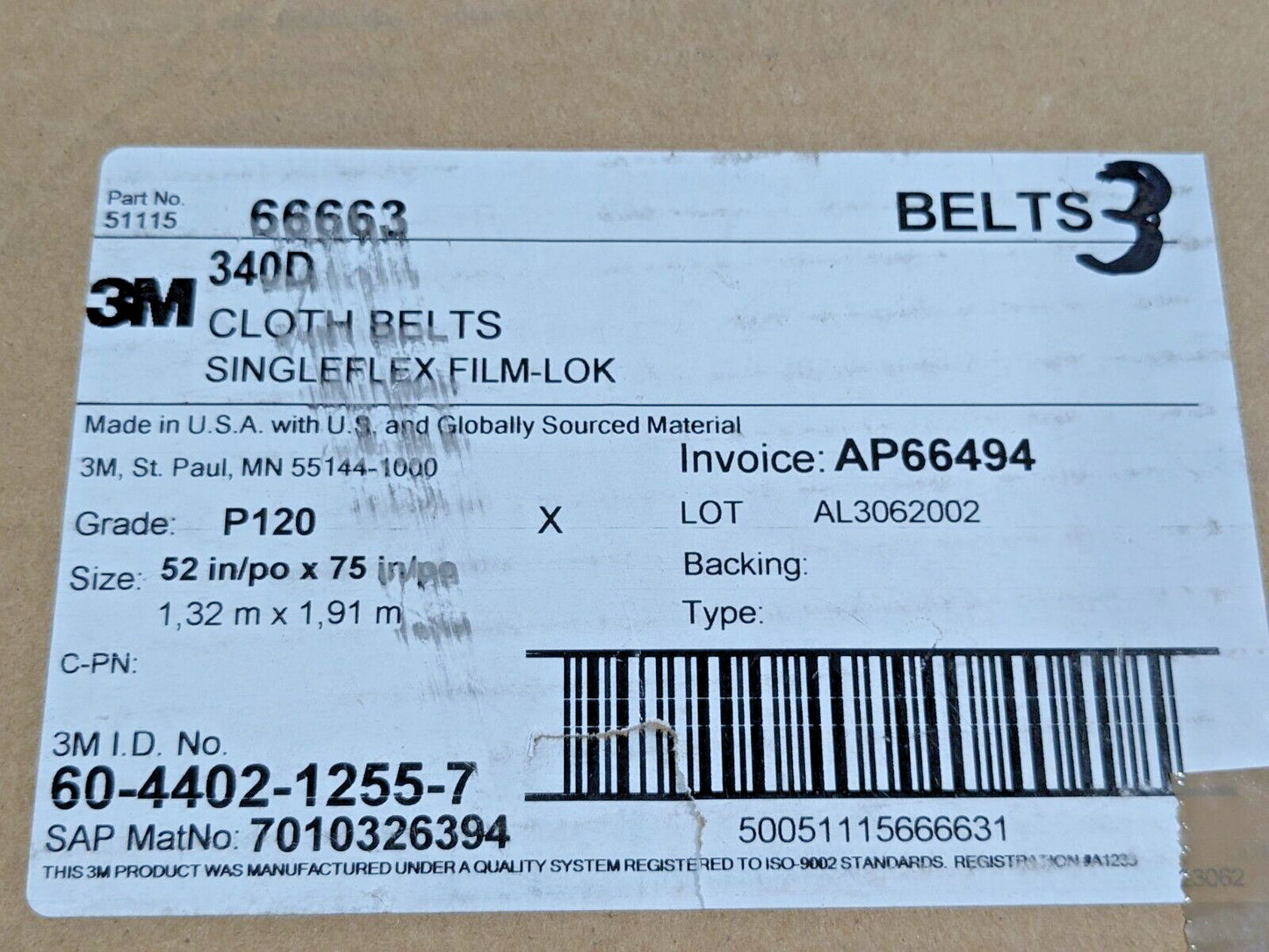 LOT of 3 3M Cloth Belts 340D SINGLEFLEX FILM-LOK P120 52" x 75" 7010326394