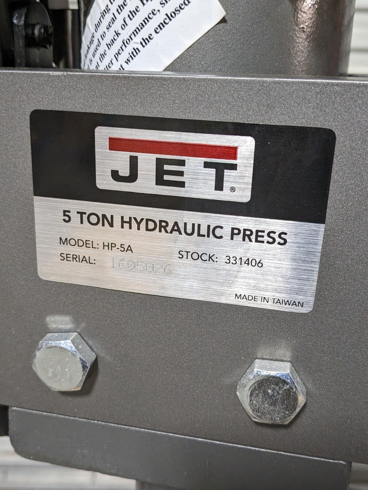 Jet Manual Hydraulic Shop Press 5 Ton Capacity 1-3/4" Ram 4" Stroke 33