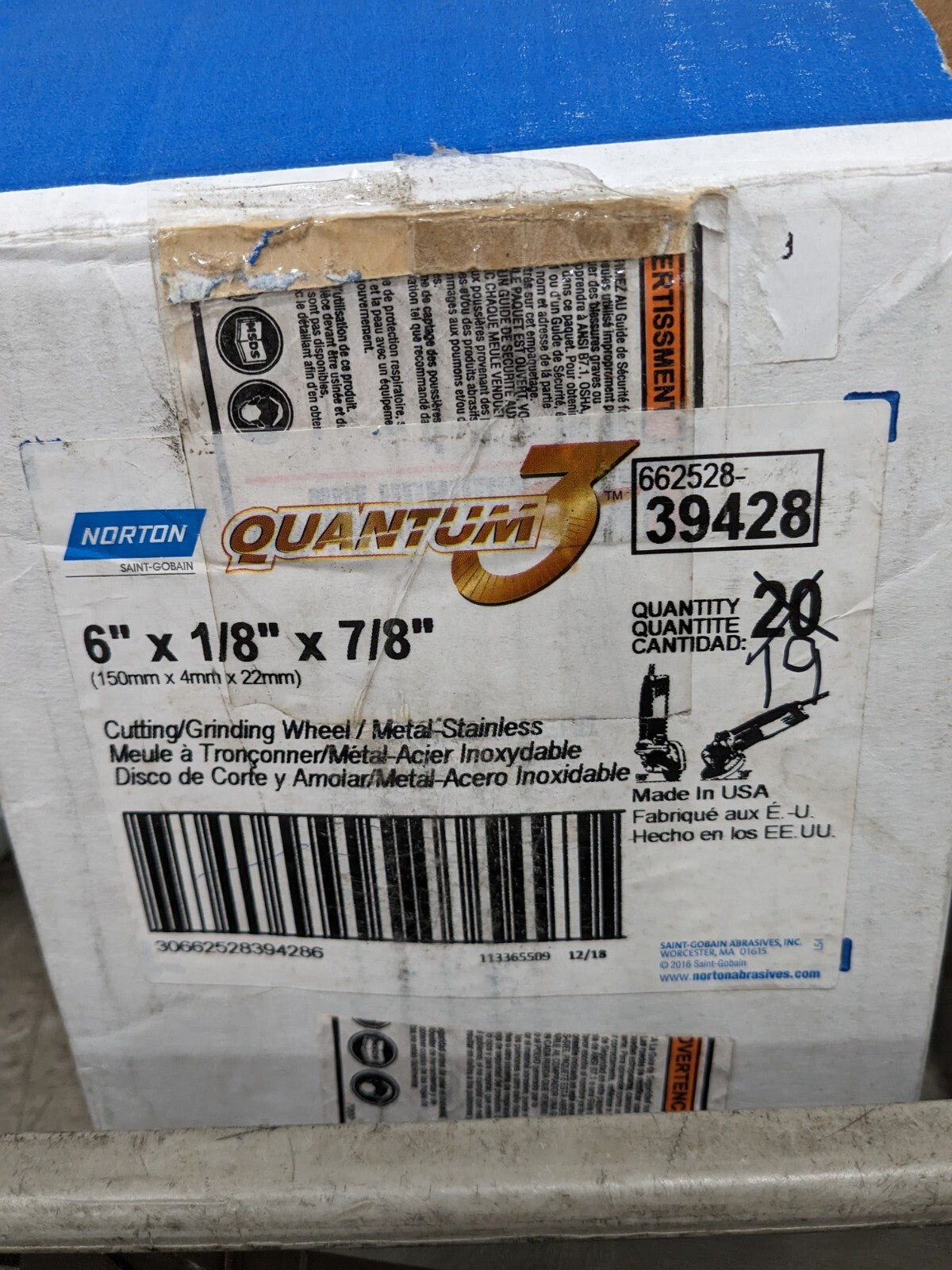NORTON Grinding Wheel: T27, 6" Dia, 1/8" Thick, 7/8" Hole Qty 19