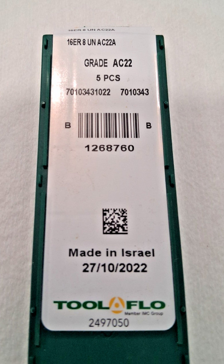 TOOL-FLO External Thread Turning Laydown Insert Qty 5 16ER 8UN AC22A