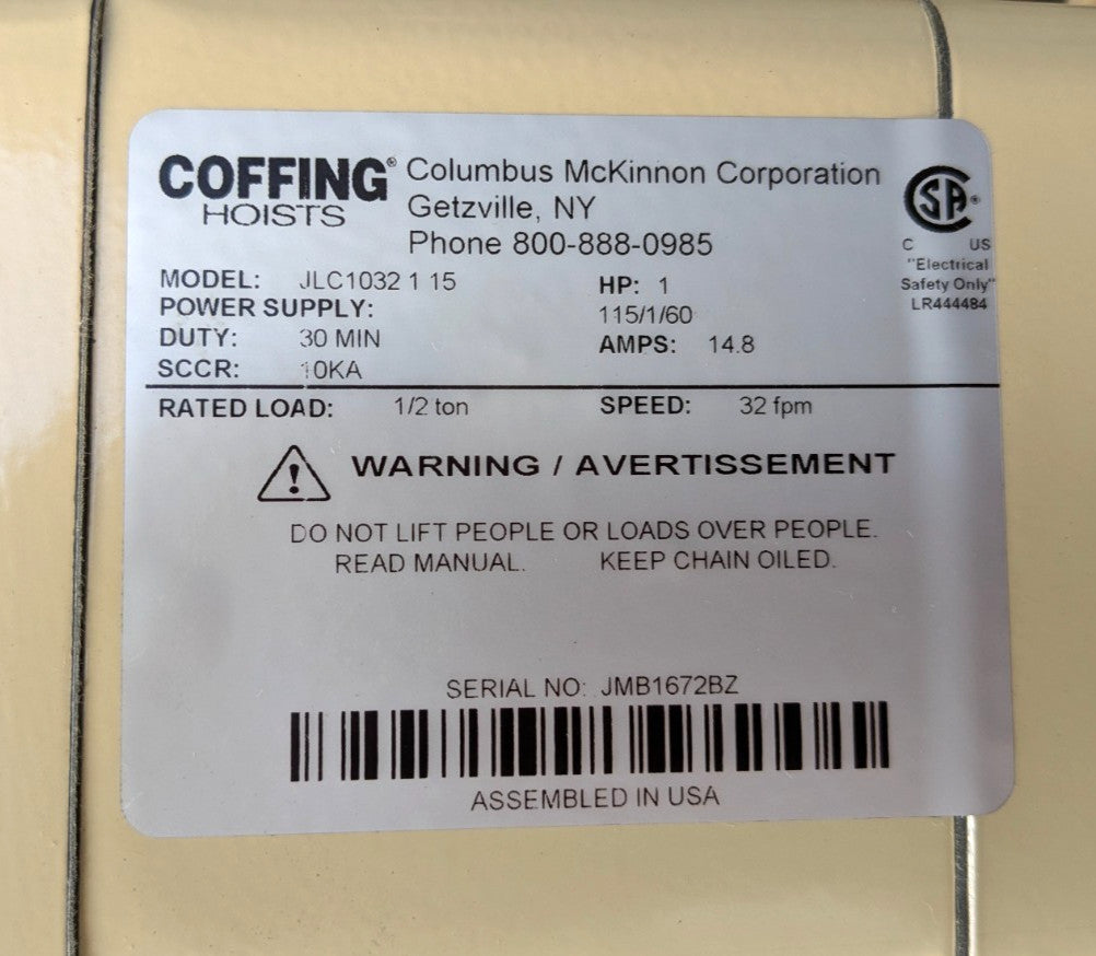 COFFIN JLC 1/2 Ton Chain Hoist 115 / 230V 1000LB Capacity **Lightly Used**