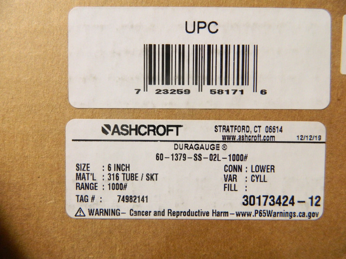Ashcroft 6" Dial 1/4 Thread 0-1,000 Scale Range Pressure Gauge 601379S02LXLL1K