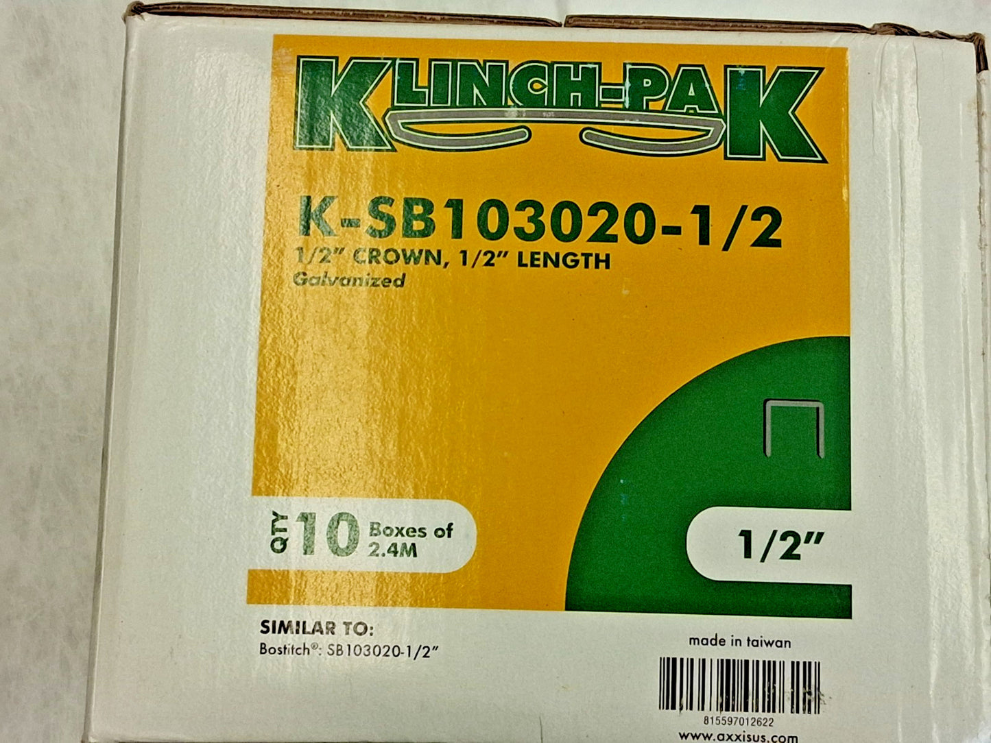 Klinch-Pak Construction Staples 1/2" Leg Length 10PKS Of 24000 K-SB103020-1/2