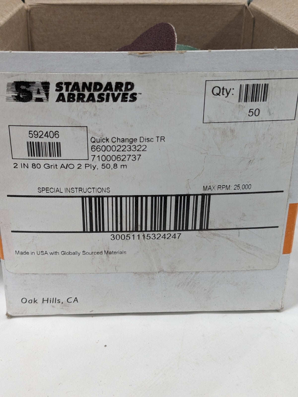 Standard Quick-Change Disc: Type R, 2" Dia, 80G, AO, Coated Qty 50 7100062737