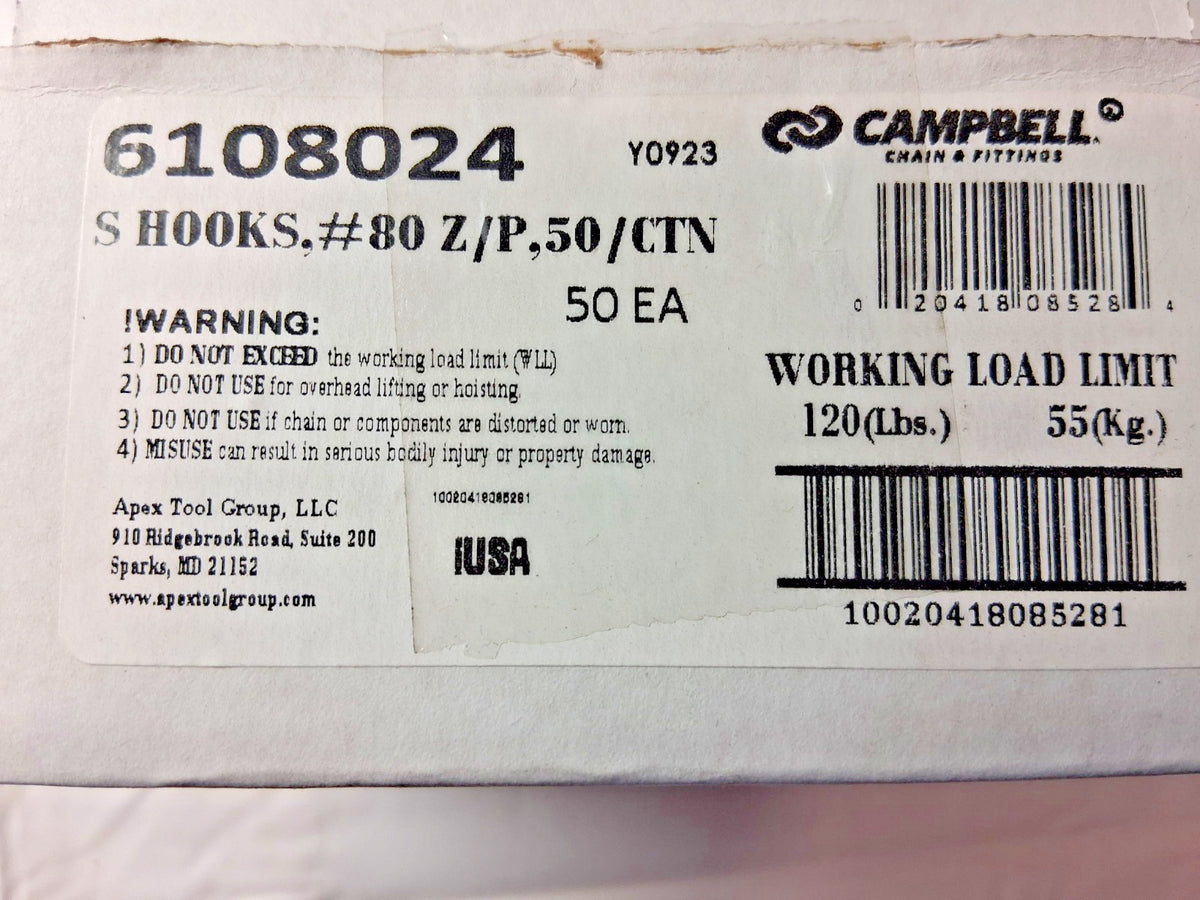 Campbell Carbon Steel Zinc Plated S-Hooks QTY50 Trade Size #80 6108024