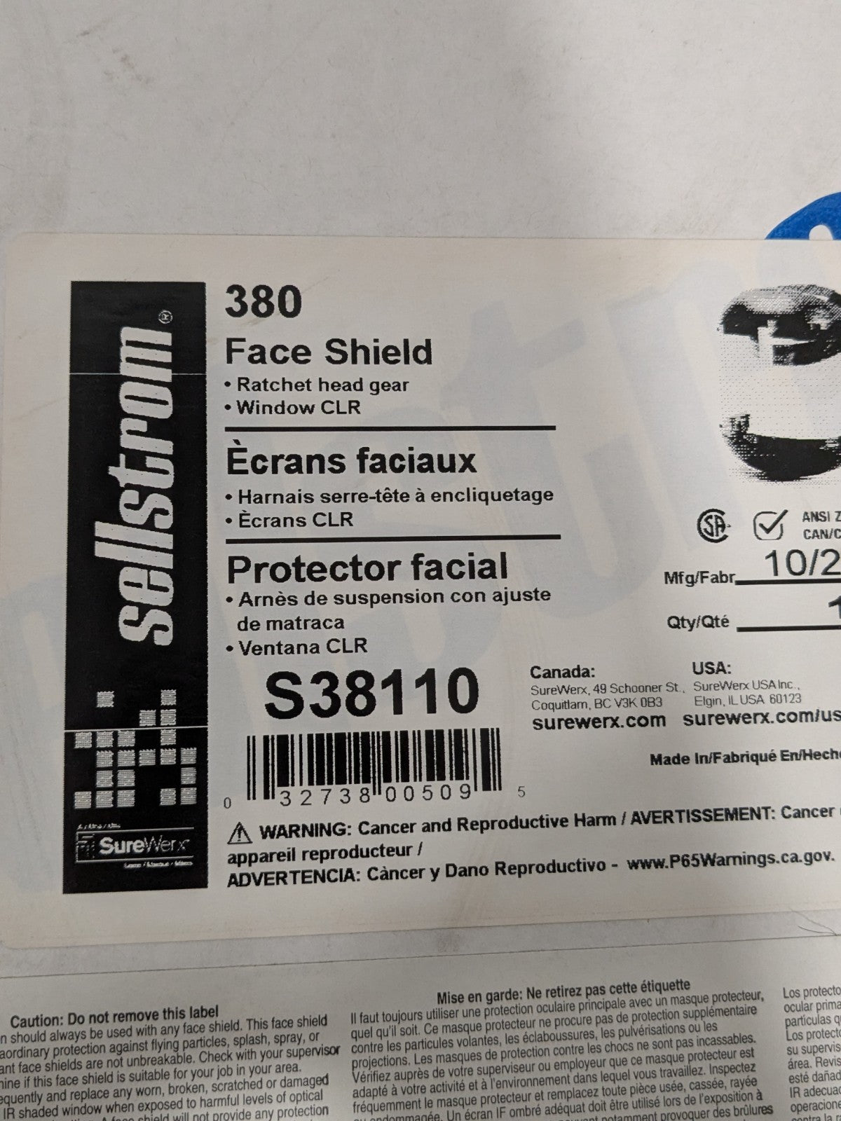 Sellstrom Face Shield with Chin Guard: 6-1/2" High, 19-1/2" Wide S38110