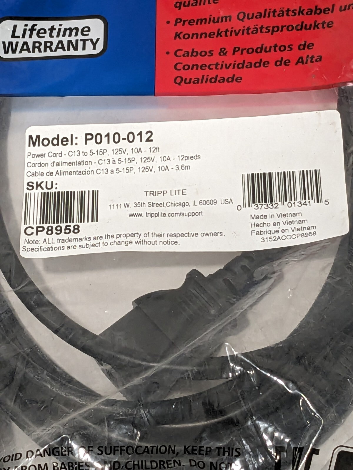 Tripp Lite Power Cord Cable C13 to 5-15P 10A 125V 12ft Length Qty 2 P010-012