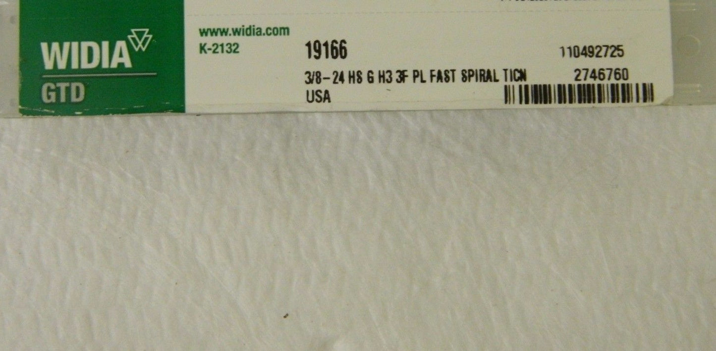 Widia GTD Spiral Flute Tap 3/8-24 H3 3 Flute HSS TiCN Coated QTY 2 19166