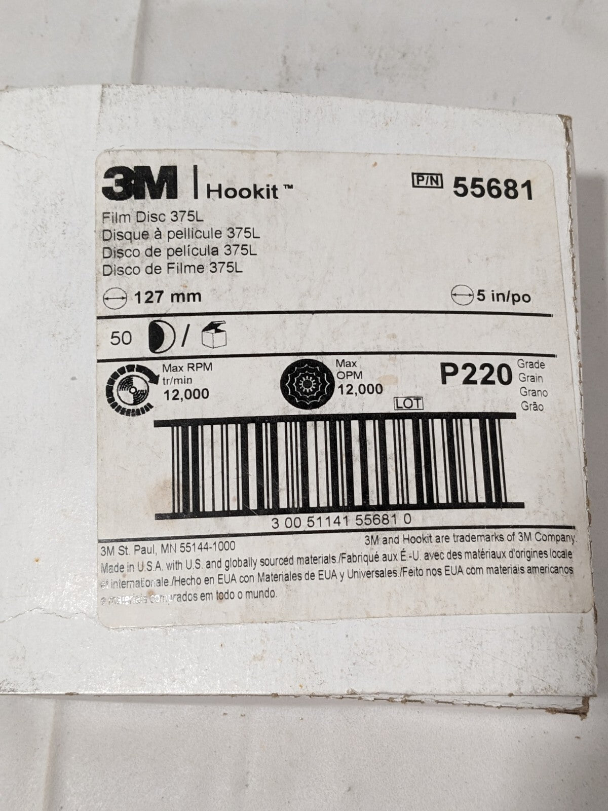 3M Hookit Film Abrasive Disc 375L, 5", P220 - MAX RPM 12,000 Qty 50 55681