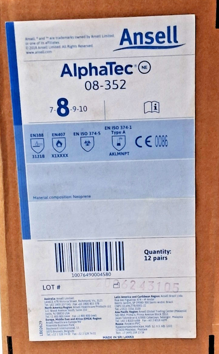Ansell Chemical Resistant Gloves AlphaTEC™ 08-352 Size8 Box of 12 Pairs 212512