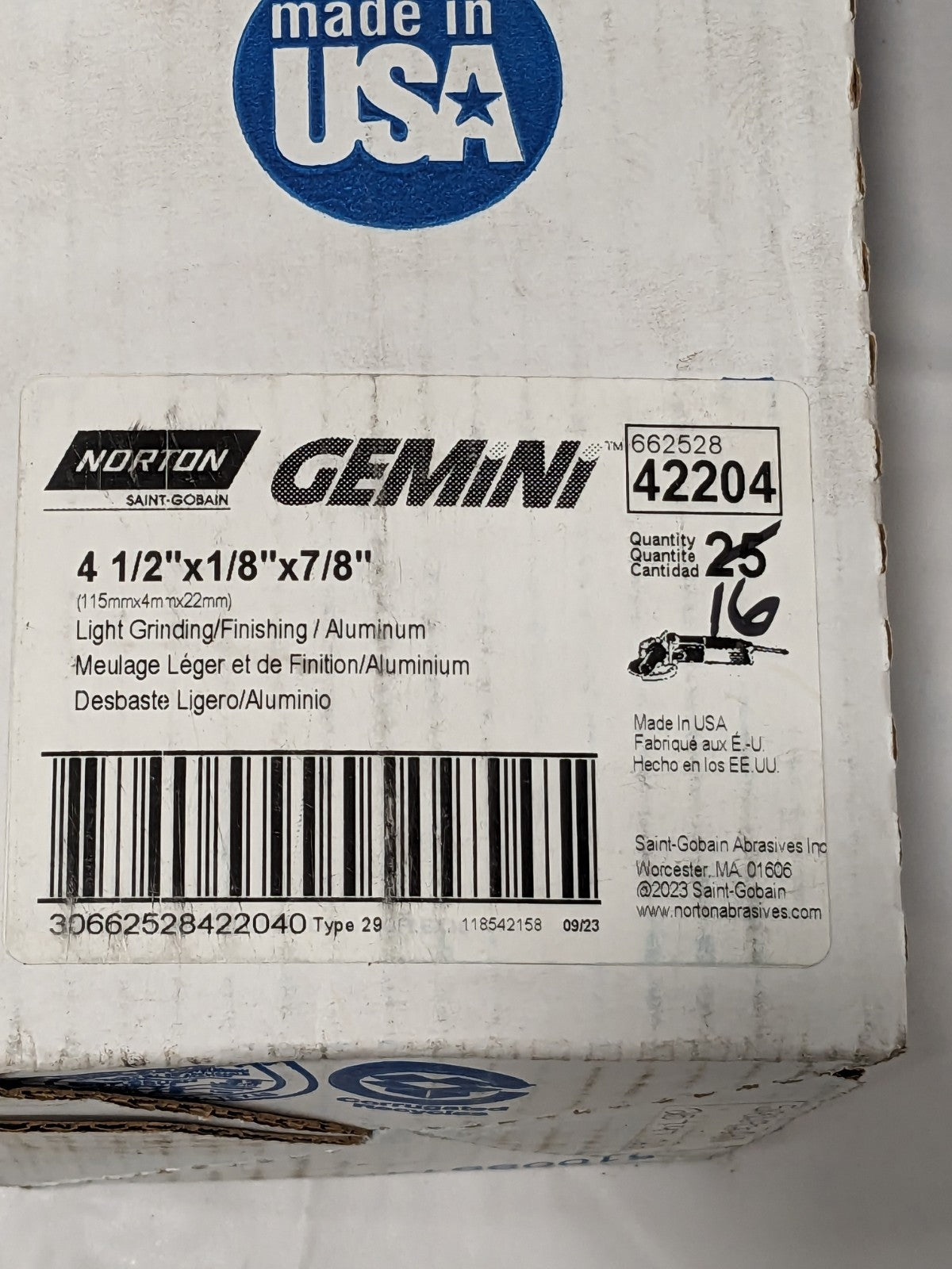NORTON Depressed-Center Wheel Type 29, 4-1/2" Dia, 1/8" Thick Qty 16 6