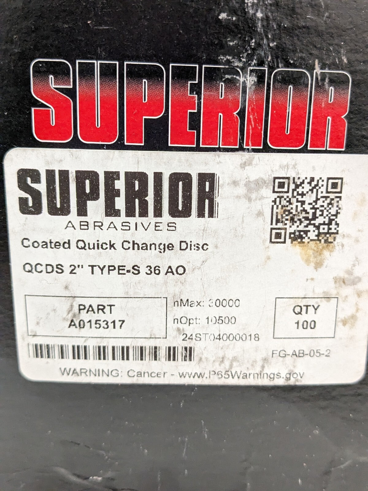 Superior Quick-Change Disc: Type S, 2" Dia, 36 Grit, AO, Coated Qty 100 A01