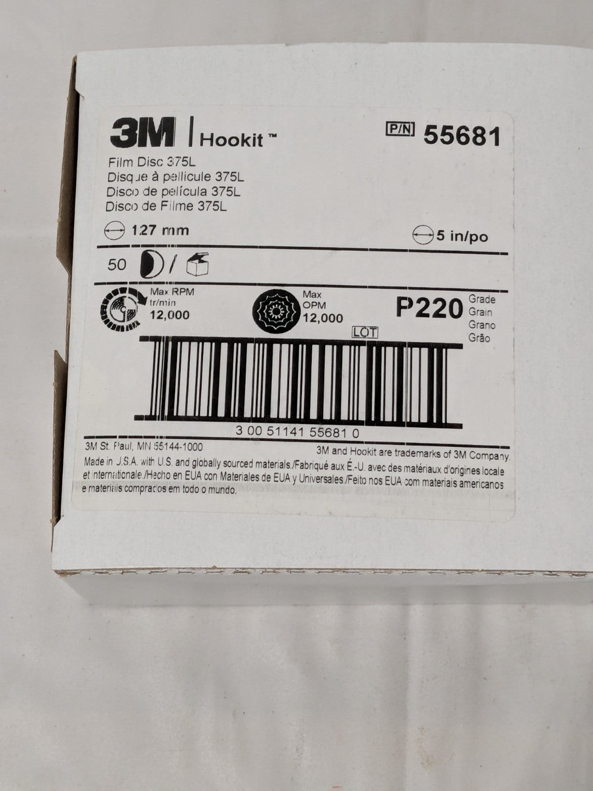 3M Aluminum Oxide Hook & Loop Disc 5" Diam, 220 Grit Qty 50 7100106759