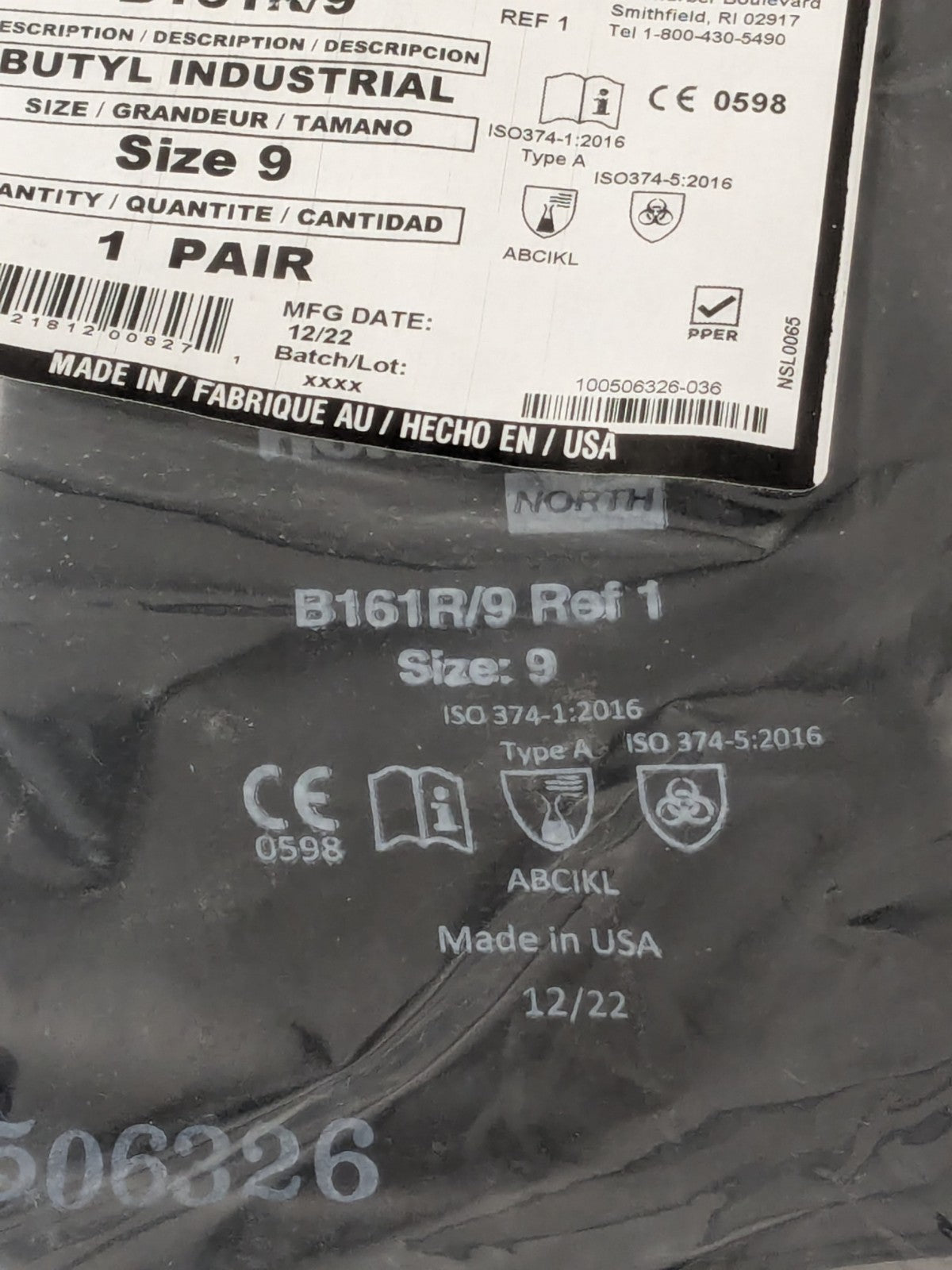 NORTH Chemical Resistant Gloves: North Sz L, 16.00 mil, Butyl B161R/9