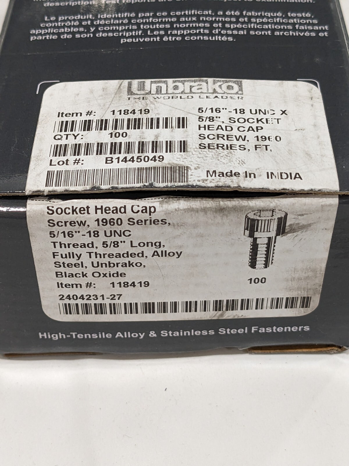 UNBRAKO Hex Socket Cap Screw: 5/16-18 Thread, 5/8" Qty 100 118419