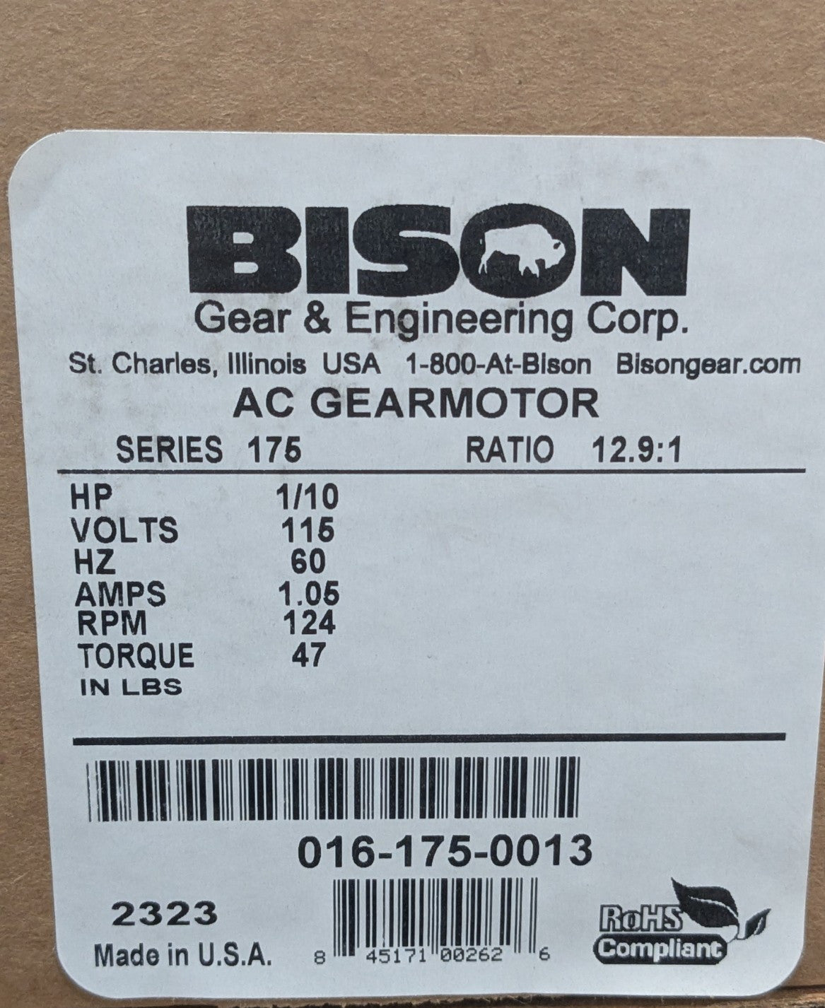 Bison Gear Parallel Gear Motor 47 in/lb Max 115V 60 Hz 016-175-0013
