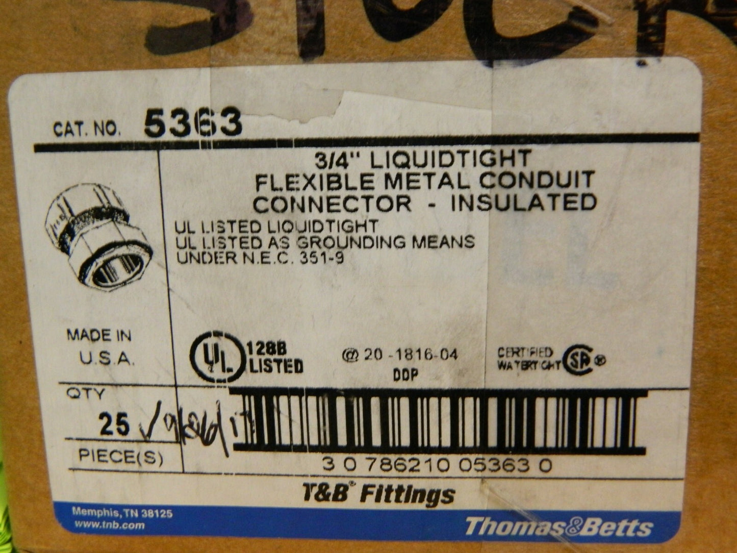 T&B 3/4" Straight Steel Chase Liquidtight Insulated Connector Qty 5 536