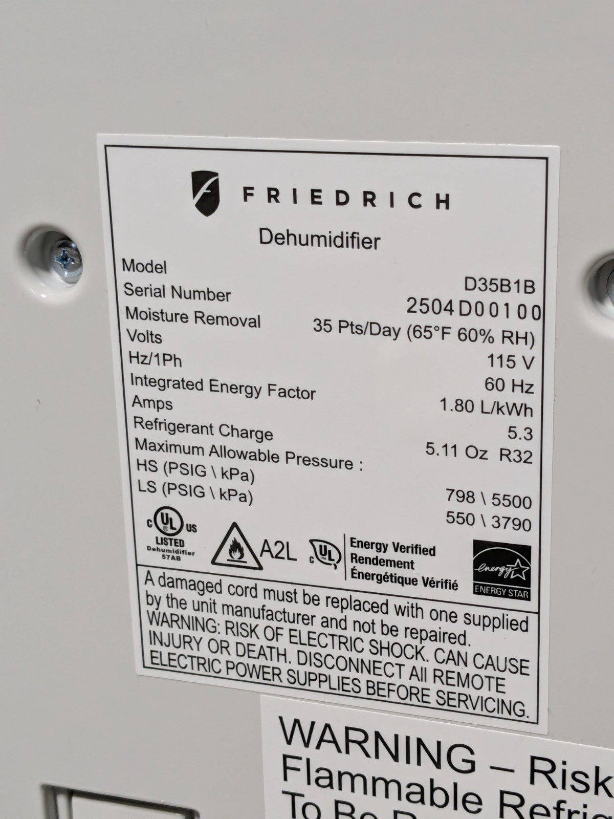 Friedrich Portable Dehumidifier w/ Built-In Drain Pump 35 Pt/day Capacity 115v