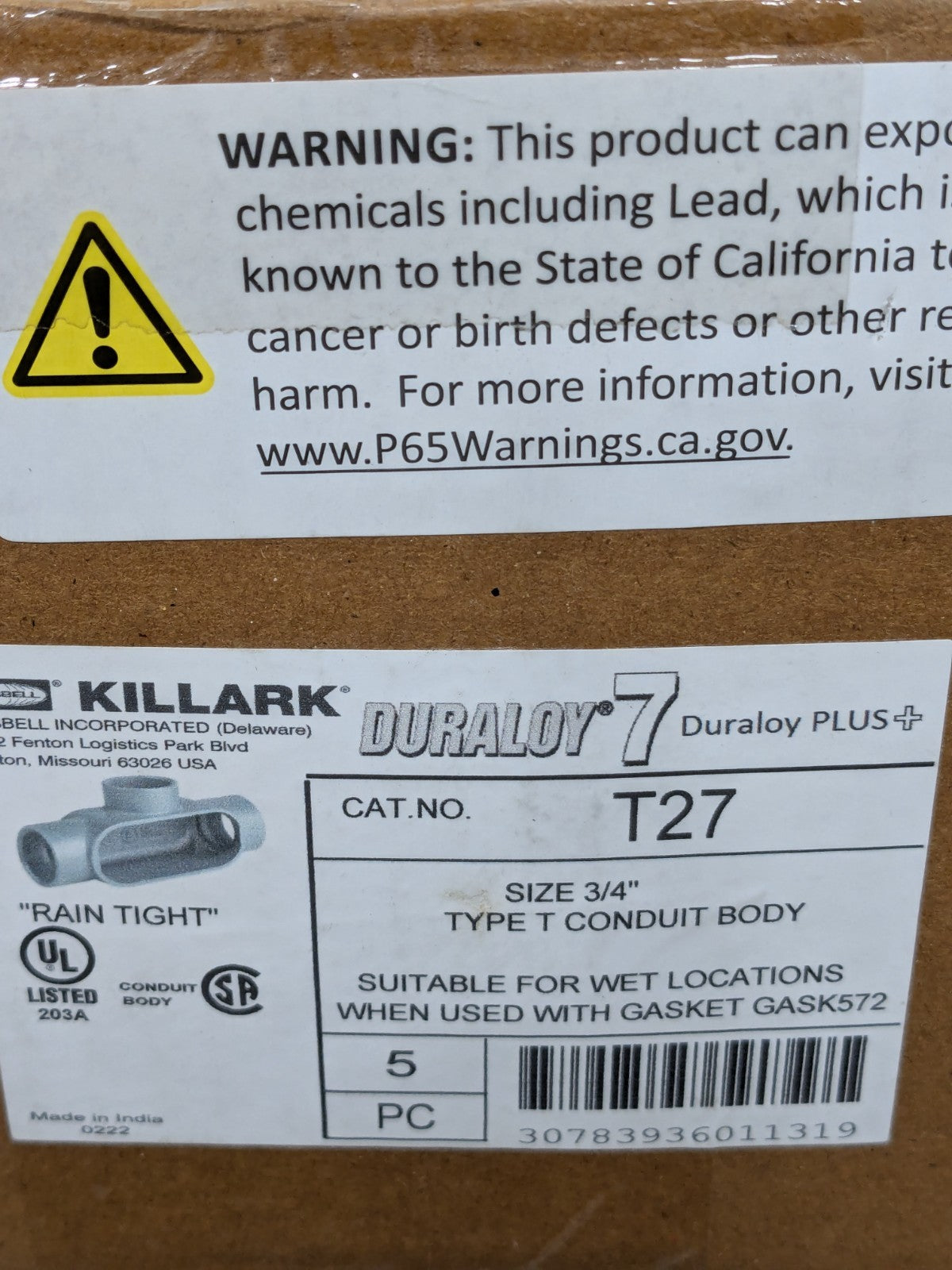 (5) Hubbell Rigid Iron Conduit Body: Form 7, T Body, 3/4" Trade, IMC T27