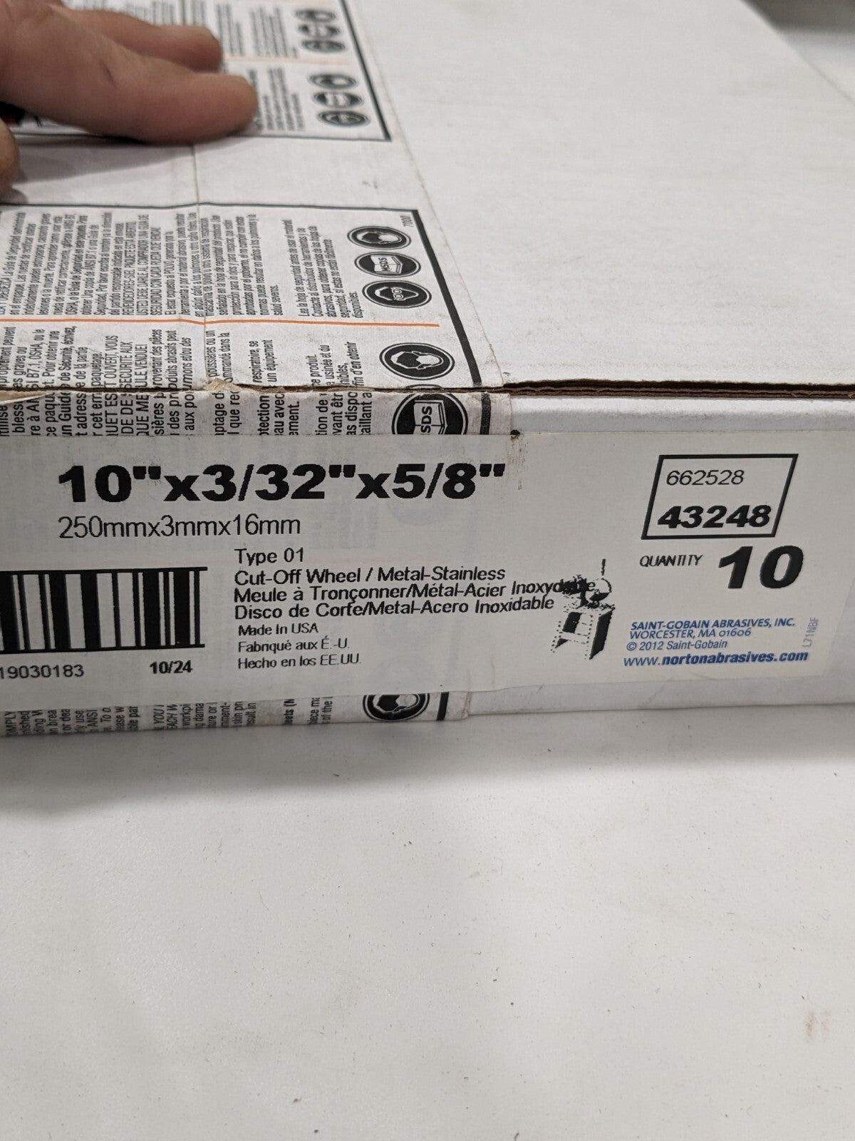 NORTON Cutoff Wheel: Type 1 (01/41), 10" Dia, 3/32" Thick Qty 10 66252