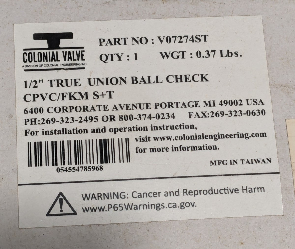 Colonial Plastic Union Check Valve: 1/2 in, CPVC Schedule 80 16883