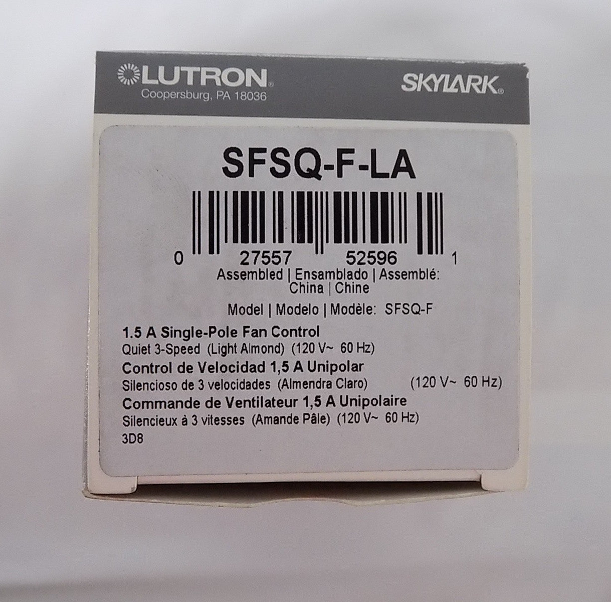 Lutron SFSQ-F-LA Skylark Slide-to-Off 3-Speed Fan Control Light Almond