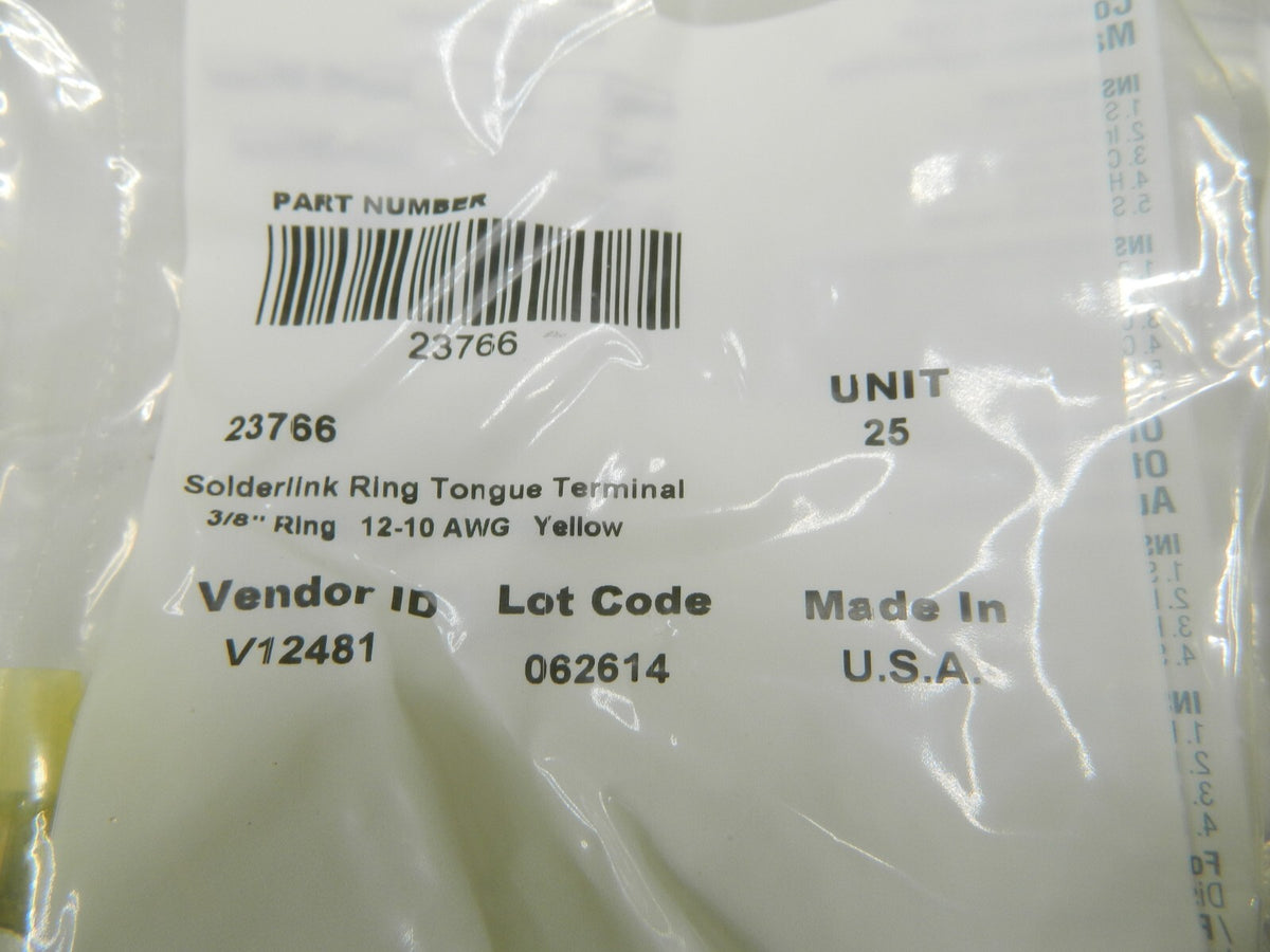 Solderlink Ring Tongue Terminal Partially Insulated, 12-10 AWG Qty 100 23766
