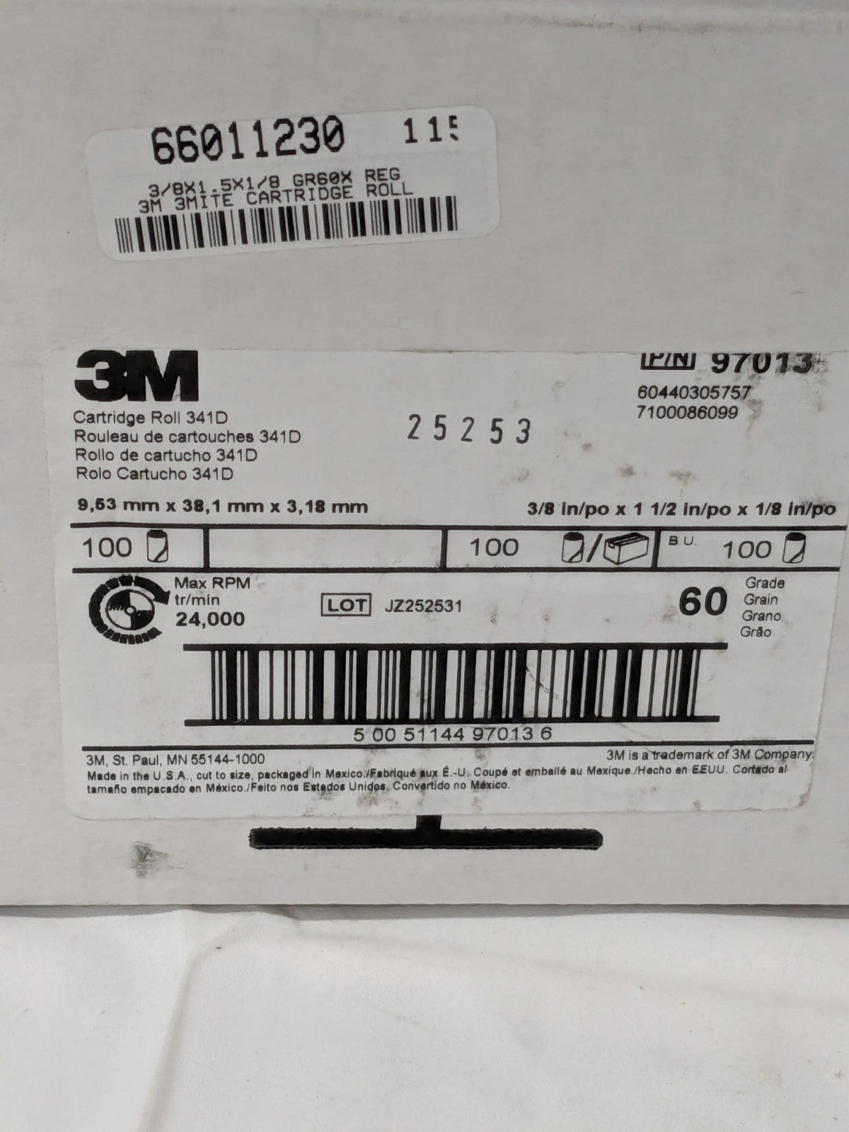 (100) 3M Straight Cartridge Roll: 3/8" Dia, 60 Grit, Aluminum Oxide 7100086099
