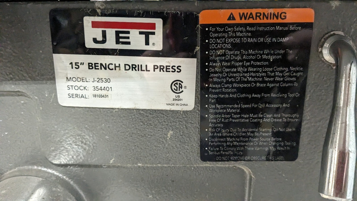 Jet 15" Step Pulley Bench Drill Press 16 Speed 3/4 HP 115 V J-2530 Parts/Repair