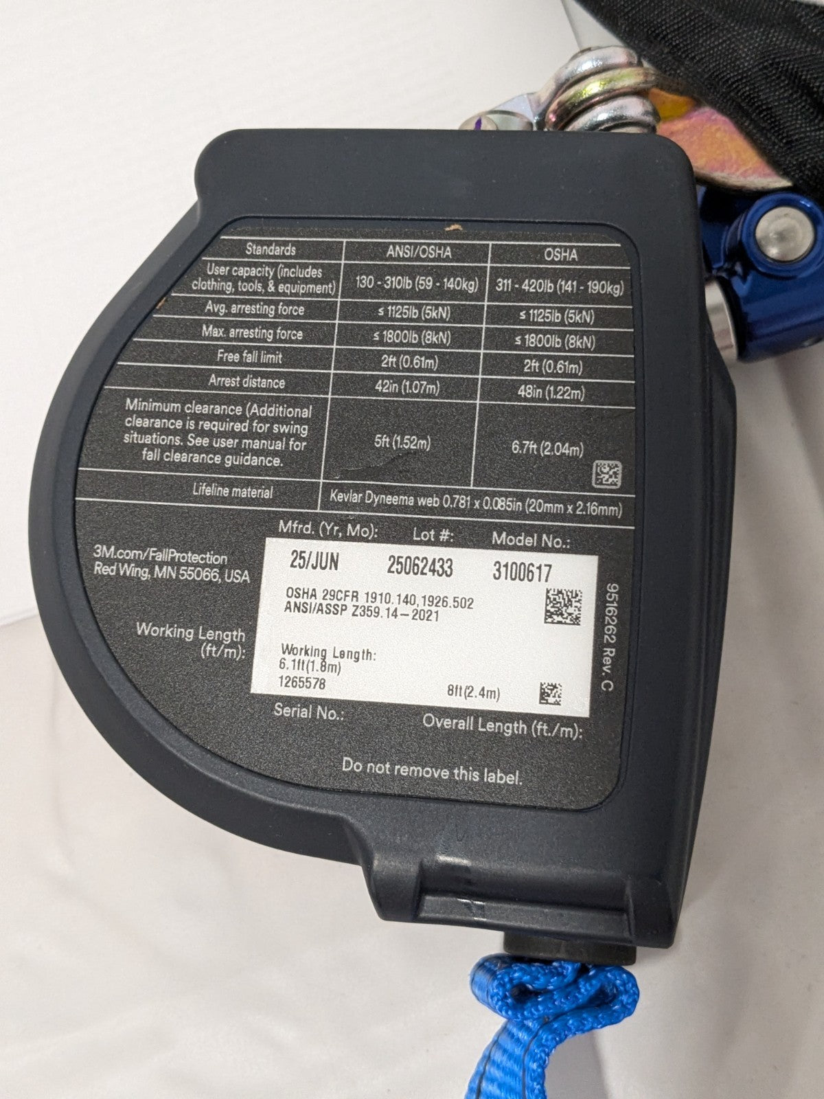 DBI-SALA Self-Retracting Lifeline: 420 lb Capacity, 8.00' Lifeline 7012818584