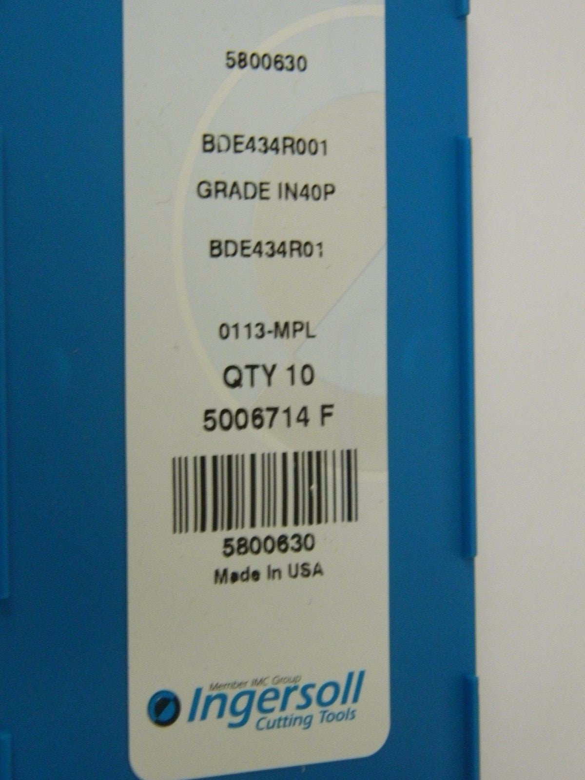 Ingersoll Carbide Milling Insert BDE434R001 IN40P Qty. 10 5800630