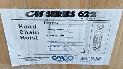 CM Series 622 Hand Chain Hoist 2 Ton Capacity X 20 Ft Lift 2233A