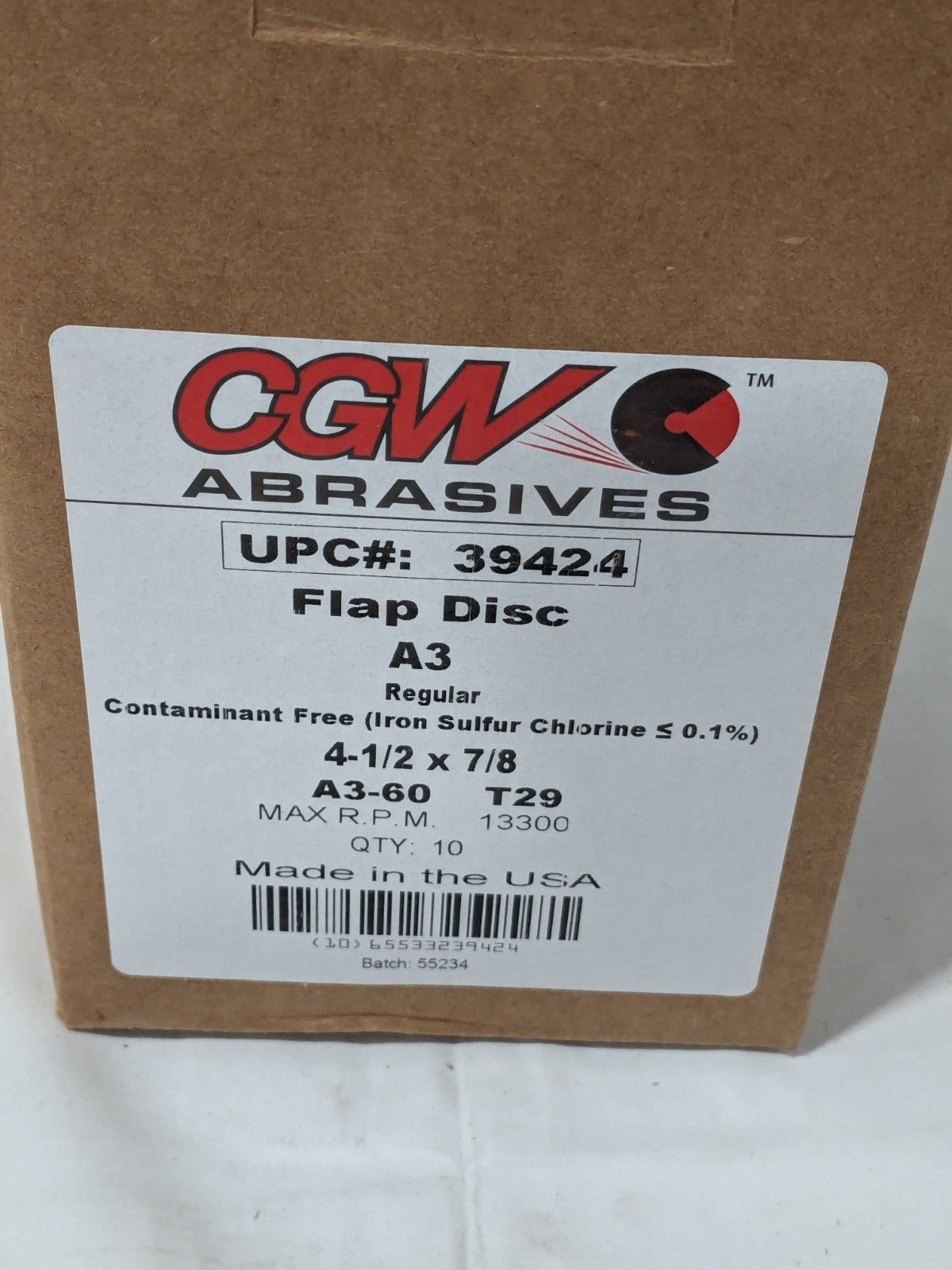 CGW Flap Disc: 4-1/2" Dia, 7/8" Hole, Aluminum Oxide, Type 29 Box of 10 39424